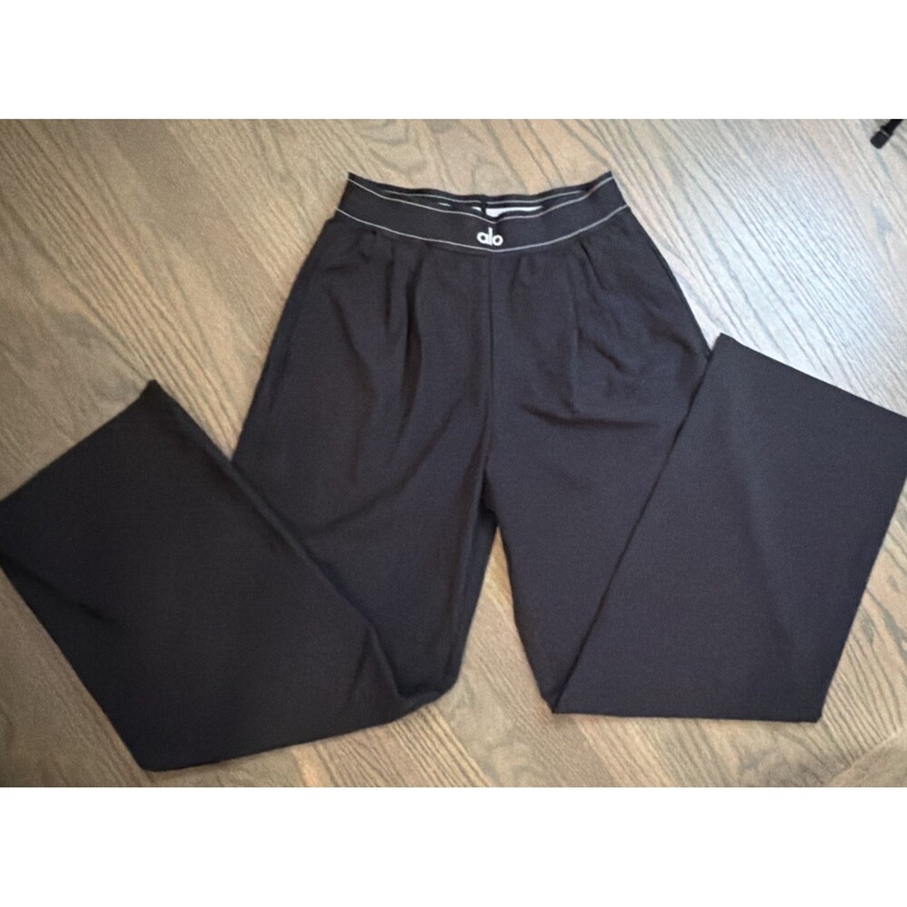 ALO YOGA Pursue Trousers Black Elastic Logo Waist Pleated Wide Leg Pants Small S